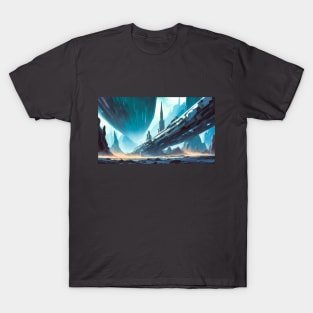 Futuristic illustration of spaceship in blue colours T-Shirt